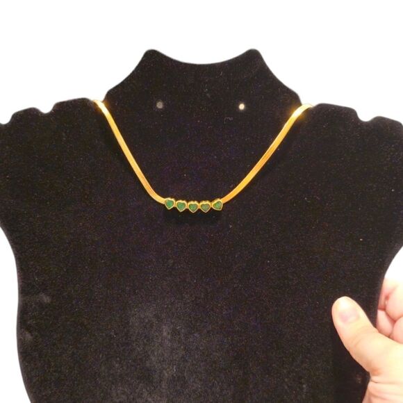 Green Hearts Stainless Steel Crystal Gold-tone Snake Chain Choker Necklace - Picture 11 of 13